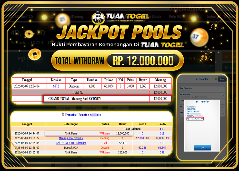 TUANTOGEL JACKPOT TOGEL SYDNEY Rp 12.000.000,- LUNAS